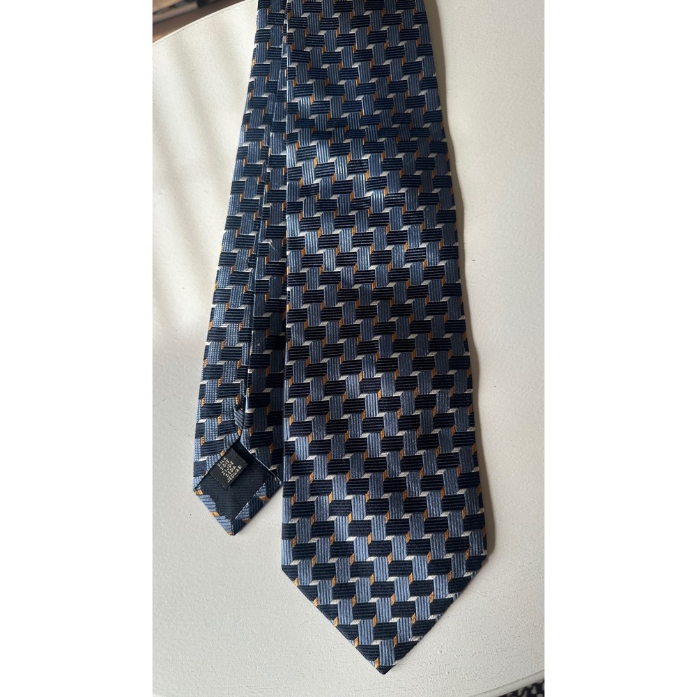 Mark Shale Mens Silk Tie Geometric Basketweave Navy Blue Grey Gold Made in Italy